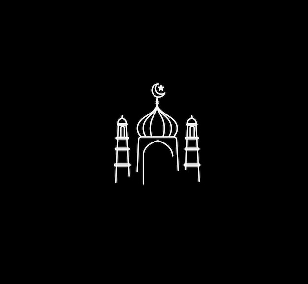 Free vector eid mubarak line art calligraphy stylish lettering ramadan kareem text moon with mosque vector illustration