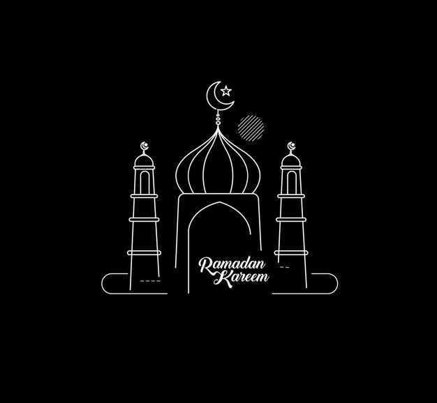 Eid Mubarak Line Art Calligraphy Stylish Lettering Ramadan Kareem Text Moon with Mosque Vector illustration