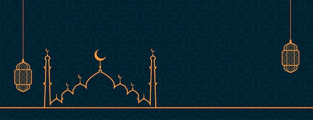 Free Vector eid mubarak minimal banner with line style islamic mosque design