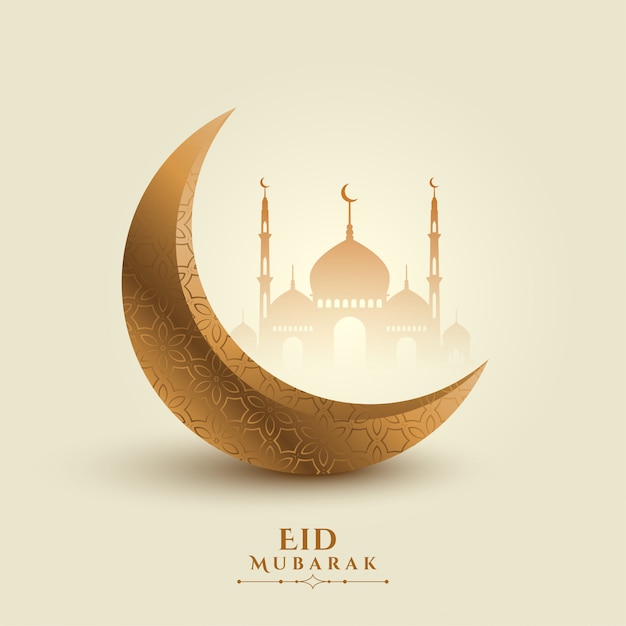 Free vector eid mubarak moon and mosque beautiful background