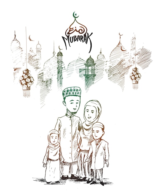 Eid Mubarak Muslim Festival Muslim Family Sketch Vector illustration