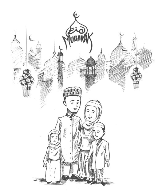 Eid Mubarak Muslim Festival Muslim Family Sketch Vector illustration