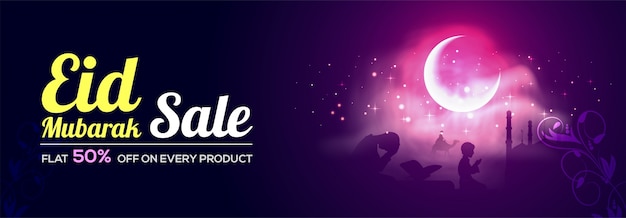  Eid Mubarak Sale with Flat 50% Off. Creative social media banner design with illustration of praying Islamic people in front of mosque in moonlight night. 