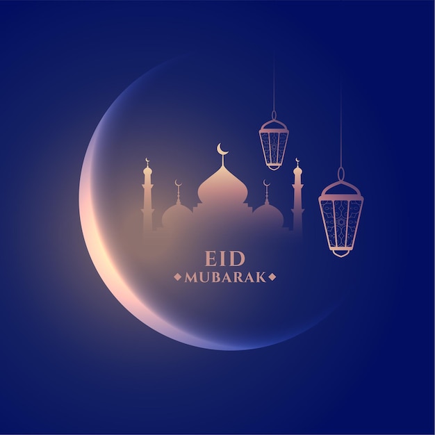 Eid mubarak shiny islamic moon and mosque greeting card