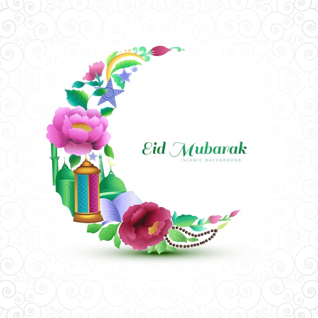 Free vector eid mubarak with decorative moon islamic card illustration design