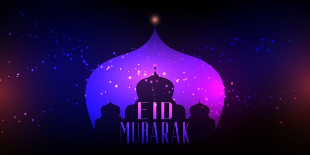 Free Vector eid mubarak with mosque silhouette on bokeh lights design