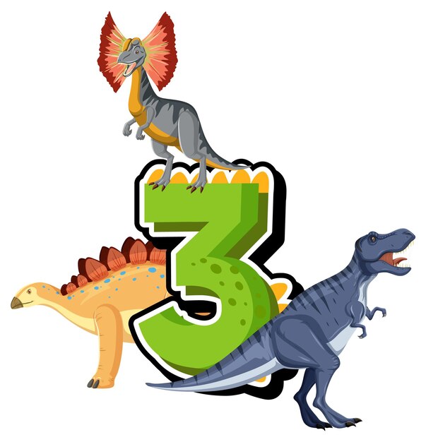 Eight dinosaurs with number three cartoon