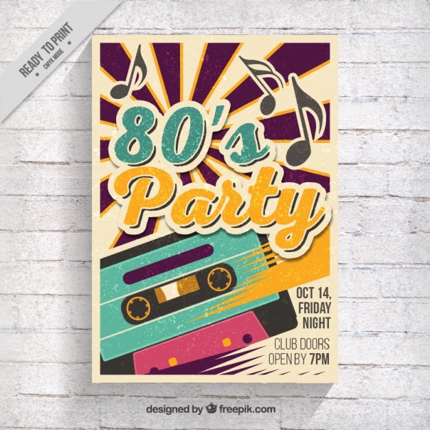 Free vector eighties party brochure with music tape