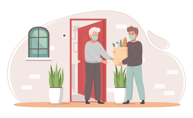 Free Vector elderly care cartoon concept with male delivering groceries to front door vector illustration