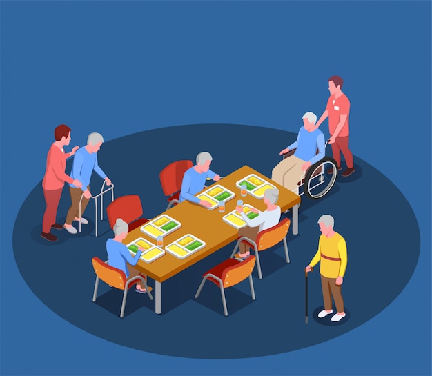 Elderly care in nursing home isometric illustration with residents meeting in dining room with help of their caretakers