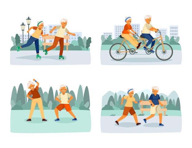 Elderly people happy life isolated cartoon icon set with sports activities