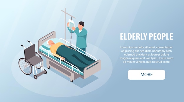 Free Vector elderly people in hospital horizontal banner with senior man on bed getting treatment 3d isometric vector illustration