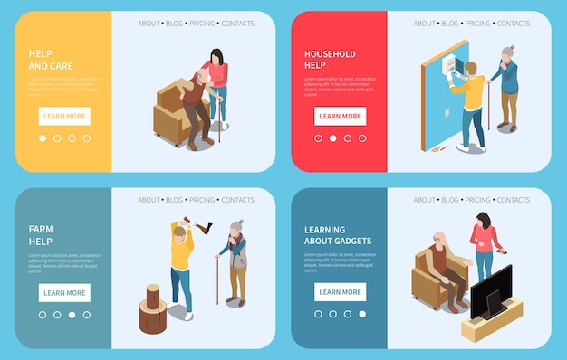 Free Vector elderly people professional social help service isometric set of four horizontal banners with buttons and text illustration