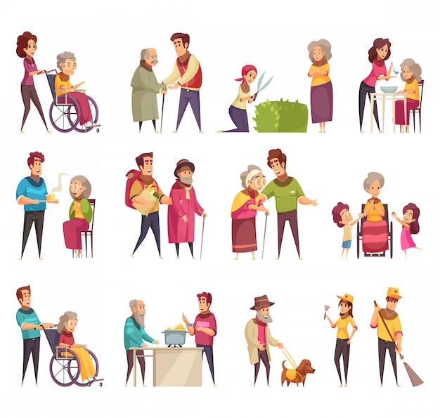 Elderly people professional social help service workers volunteers family support flat cartoon elements set isolated