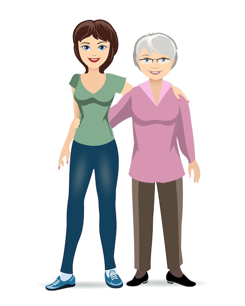 elderly woman with adult daughter illustration