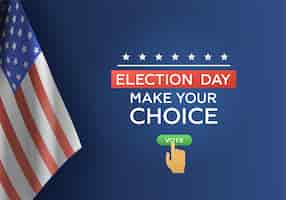 Free vector elections voting realistic background with clickable vote button editable text and american flag on blue background vector illustration