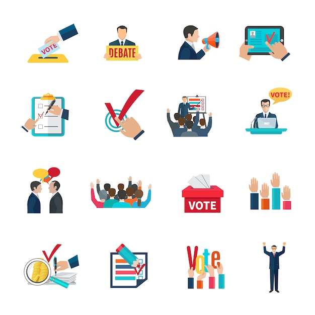  Elections with voting debates and agitation icons set 