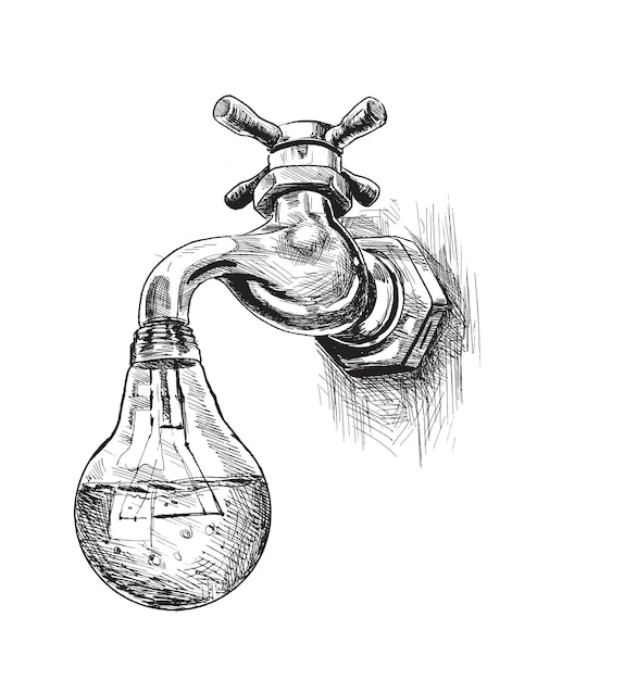 Electric bulb filled with water energy concept vector concept ecology Hand Drawn Sketch Vector illustration