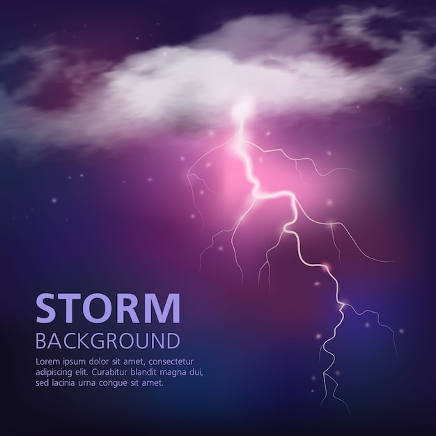 Electric discharge in sky with lightning from half transparent clouds on purple blue color vector illustration