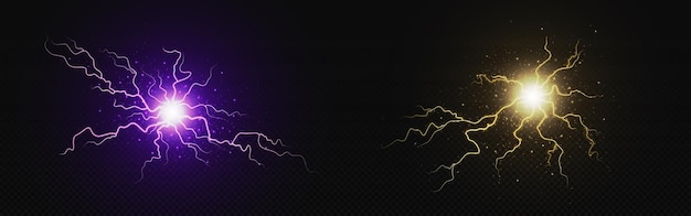 Electric lightning energy explosion ball vector 3d thunder circle explosion light in golden yellow and purple Thunderbolt crack glow effect Abstract discharge isolated on transparent background