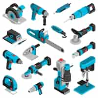 Free vector electric machine and tools isometric set jigsaw, saber saw angle grinder drilling machine isolated vector illustration