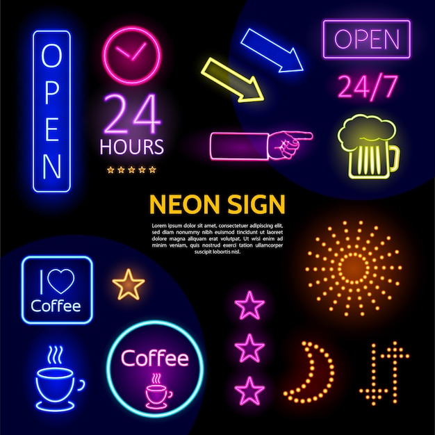 Electric neon signs template with colorful inscriptions frames arrows beer glass stars sparkles moon