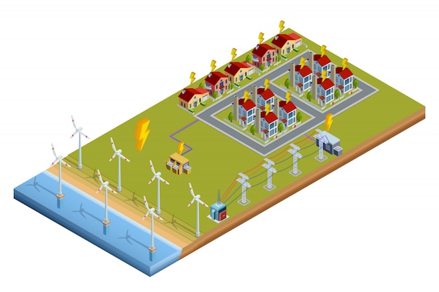 Free Vector electric power generation station isometric layout