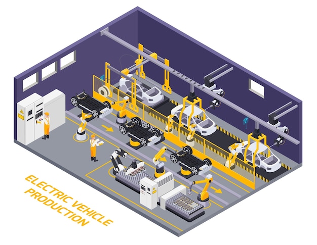 Free vector electric vehicles production facility interior robotic assembly line remote controlled conveyor belt element isometric view