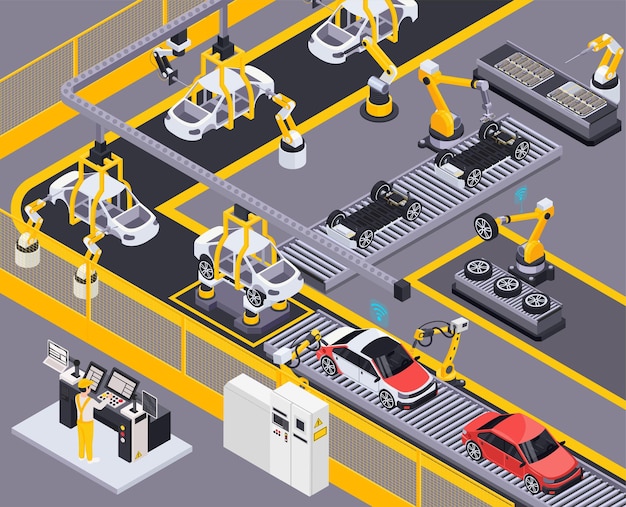 Electric vehicles production line remote controlled robotic assembly and painting conveyor system element  isometric illustration