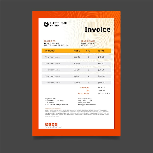 Free Vector electrician invoice template