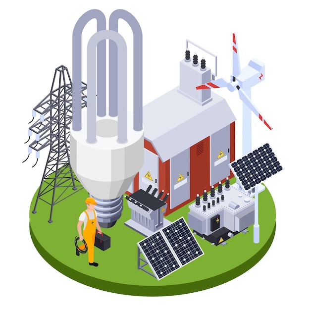 Electrician near electricity substation with solar panels and wind generator, 3d isometric illustration