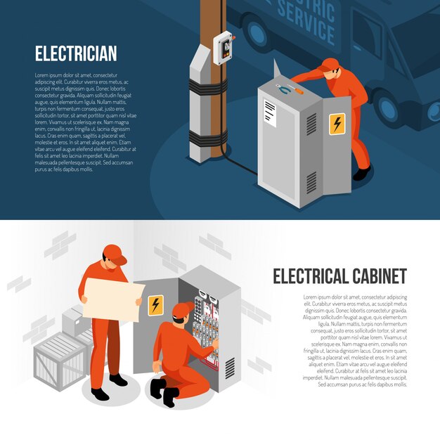 Electrician service isometric horizontal banners with information on switch cabinet panel control and replacing vector illustration