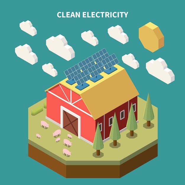 Free Vector electricity isometric composition with view of farm barn building with solar battery panels installed on roof