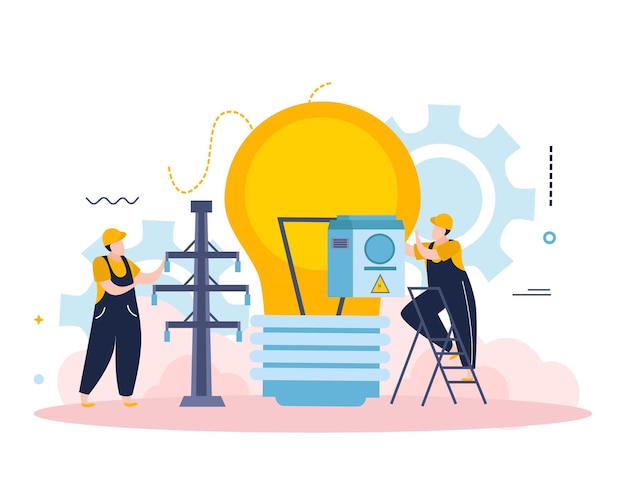 Free vector electricity and lighting composition with characters of electricians with power line gear and lamp