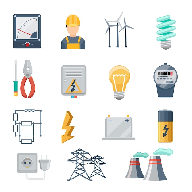 Free vector electricity and power industry icons flat  set. transformer and socket, plug and capacity, energy symbol,