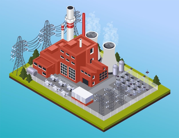 Free Vector electricity power station and high voltage wires isometric composition on gradient blue background 3d