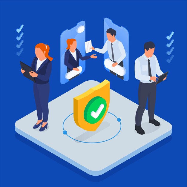 Electronic contract agreement concept with business people signing documents online on blue background 3d isometric vector illustration