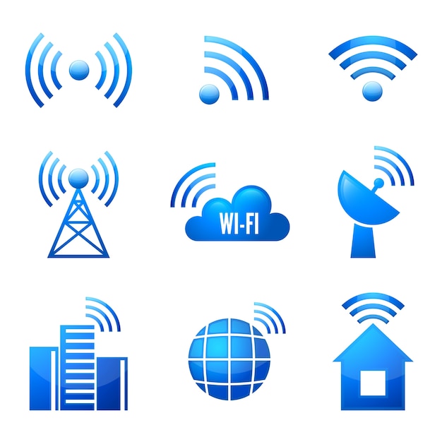 Electronic device wireless internet connection WiFi symbols glossy icons or stickers set isolated vector illustration