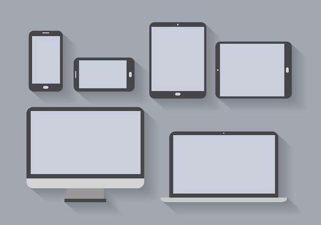 Electronic devices with blank screens. Smartphones, tablets, computer monitor, netbook.