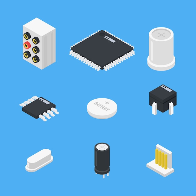 Free Vector electronics parts set icon in isometric style 