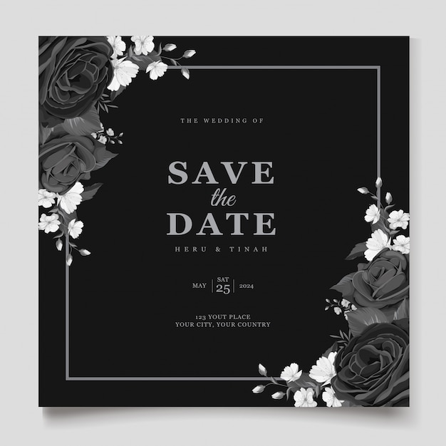 elegant black floral wedding invitation card template