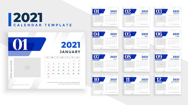 Elegant blue 2021 new year calendar template