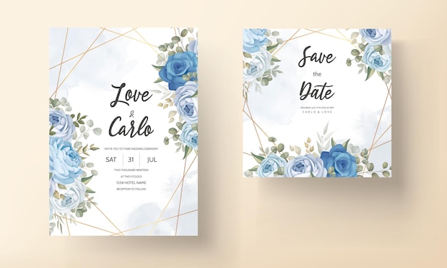 elegant blue floral wedding invitation template