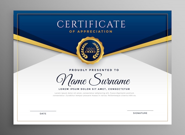 Free vector elegant blue and gold diploma certificate template