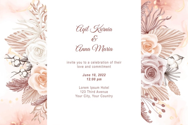 Elegant Boho Engagement Rose Watercolor Wedding Invitation Template