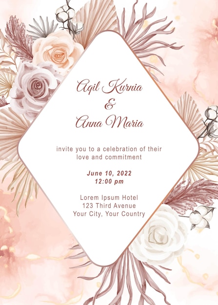 Free Vector elegant boho engagement rose watercolor wedding invitation template