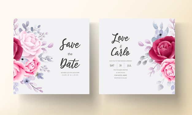 Free Vector elegant burgundy an purple floral watercolor wedding invitation card