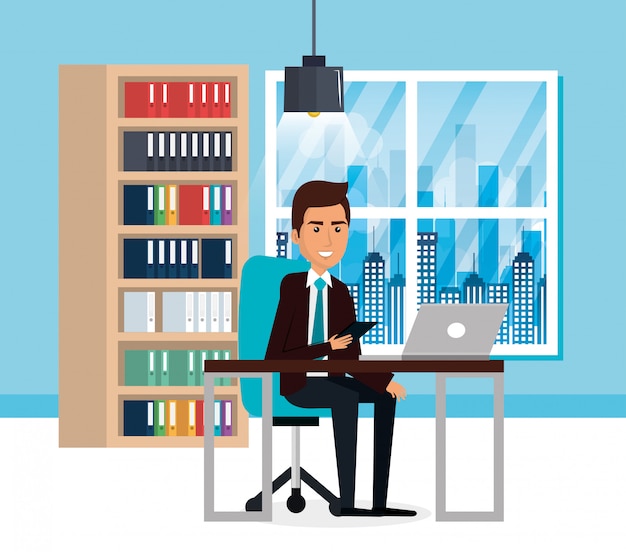 Free Vector elegant businessman in the office scene