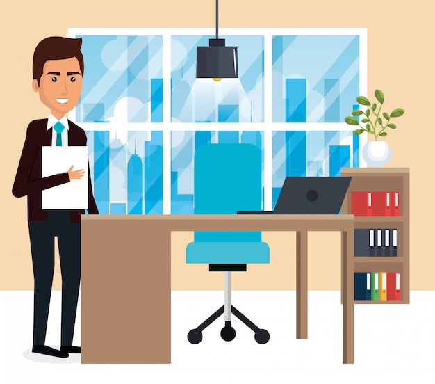 Free Vector elegant businessman in the office scene