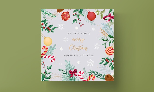 Elegant christmas card design with christmas ornaments and beautiful leaves